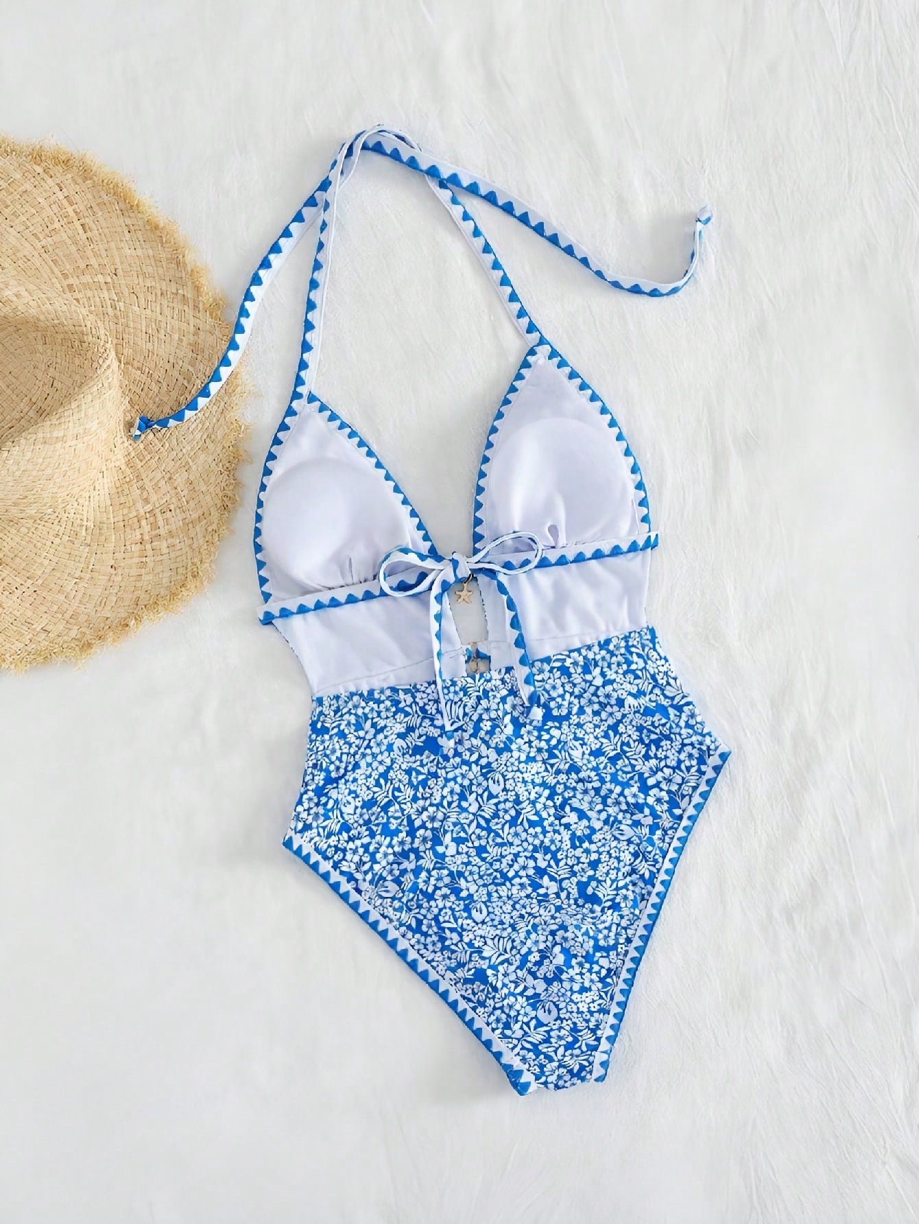 Swim Mod Women's White Floral Boho One Piece Swimsuit,Halter Monokini With Starfish Charm,Zigzag Trim Cutout High Cut Leg,Summer Holiday Pool Party Swimwear