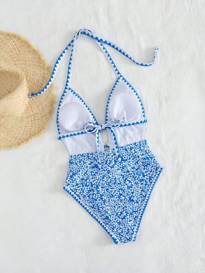 Swim Mod Women's White Floral Boho One Piece Swimsuit,Halter Monokini With Starfish Charm,Zigzag Trim Cutout High Cut Leg,Summer Holiday Pool Party Swimwear