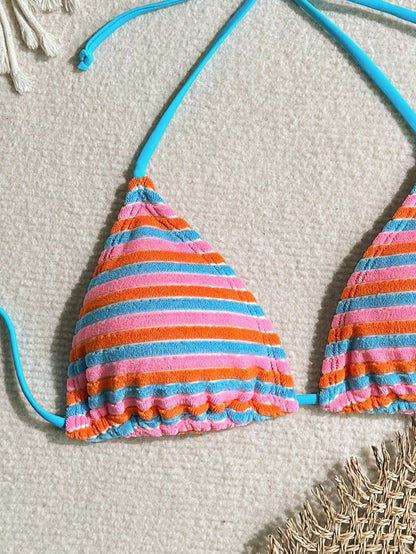 Swim Mod Women Summer Beach Halter Strap Colorful Striped Bikini Top