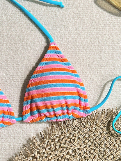 Swim Mod Women Summer Beach Halter Strap Colorful Striped Bikini Top