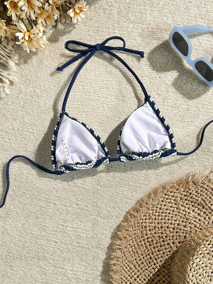 Swim Mod Women Summer Beach Halter Strap Colorful Striped Bikini Top