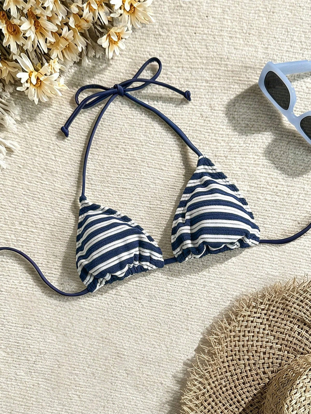 Swim Mod Women Summer Beach Halter Strap Colorful Striped Bikini Top
