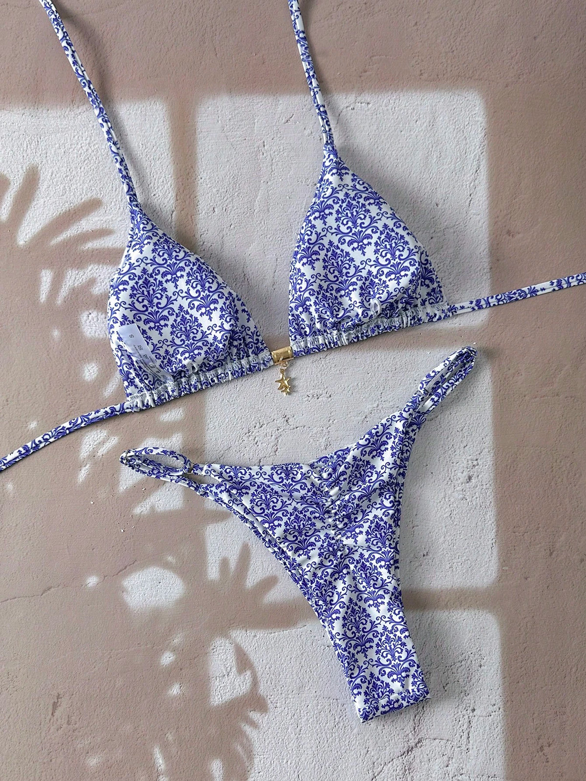 Swim Mod Women Summer Beach Outfits- Random Print Spaghetti Strap Metal Decor Bikini Sets & Thong Bottoms For Vacation