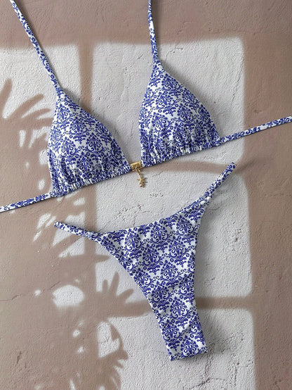 Swim Mod Women Summer Beach Outfits- Random Print Spaghetti Strap Metal Decor Bikini Sets & Thong Bottoms For Vacation