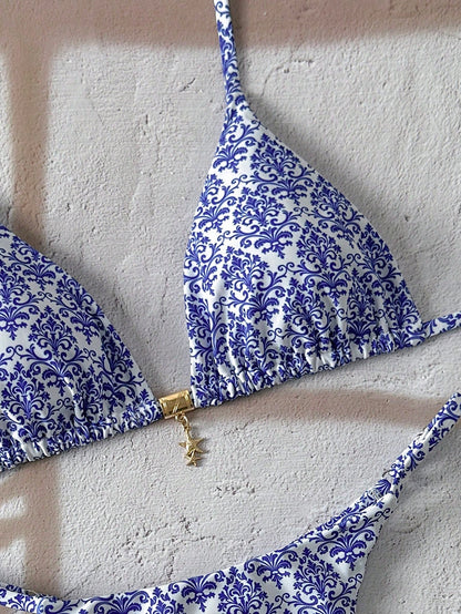 Swim Mod Women Summer Beach Outfits- Random Print Spaghetti Strap Metal Decor Bikini Sets & Thong Bottoms For Vacation