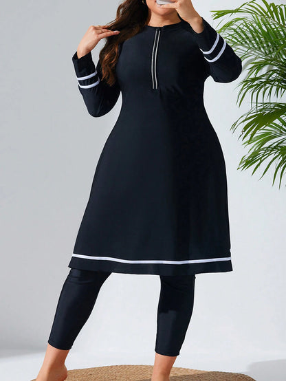 Swim Mulvari Plus Size Women 2pcs Solid Color Contrast Trim Long Sleeve Slim Fit Mid-Length Zip Front Burkini Set Summer Arabic Clothing