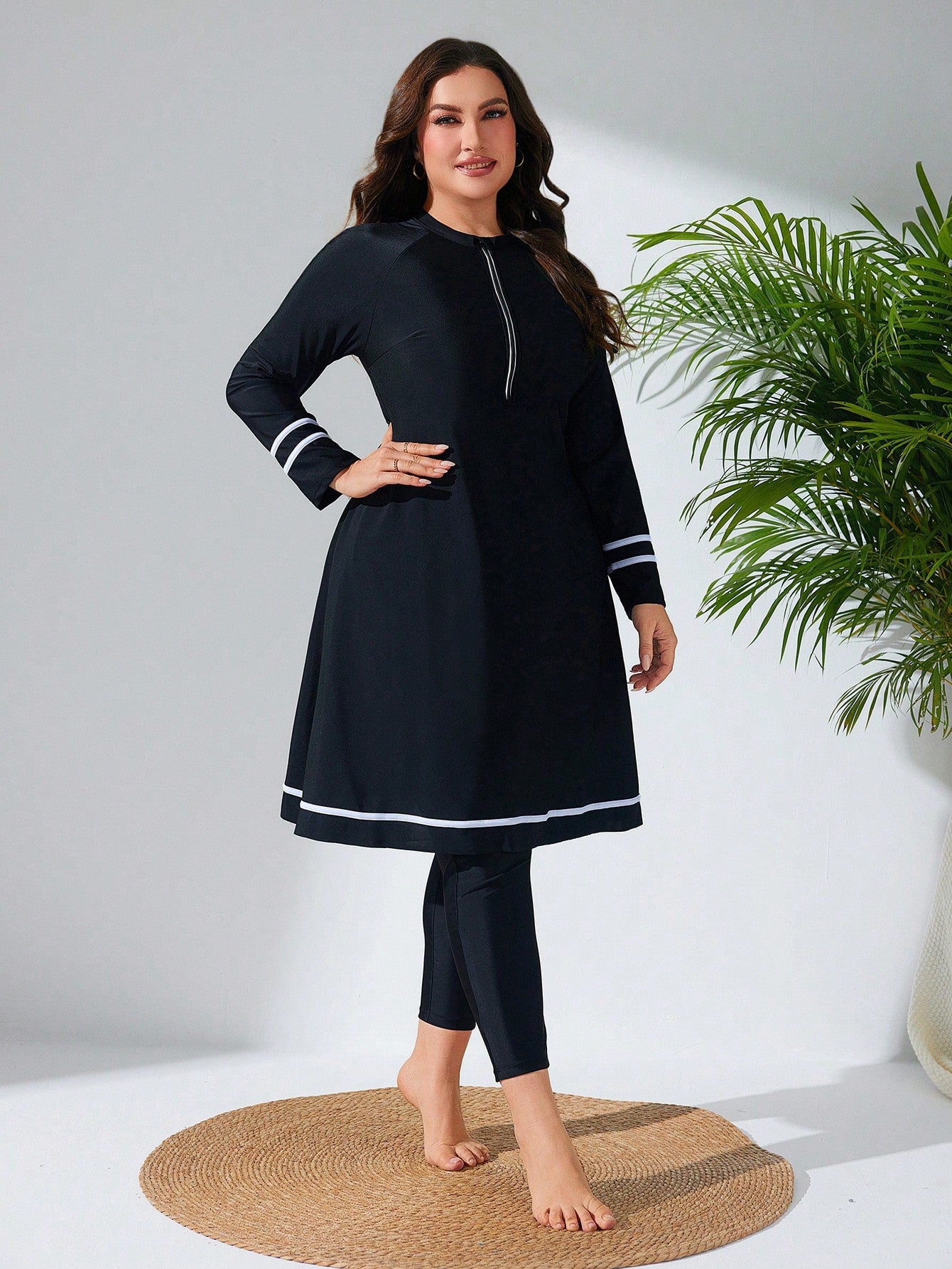 Swim Mulvari Plus Size Women 2pcs Solid Color Contrast Trim Long Sleeve Slim Fit Mid-Length Zip Front Burkini Set Summer Arabic Clothing