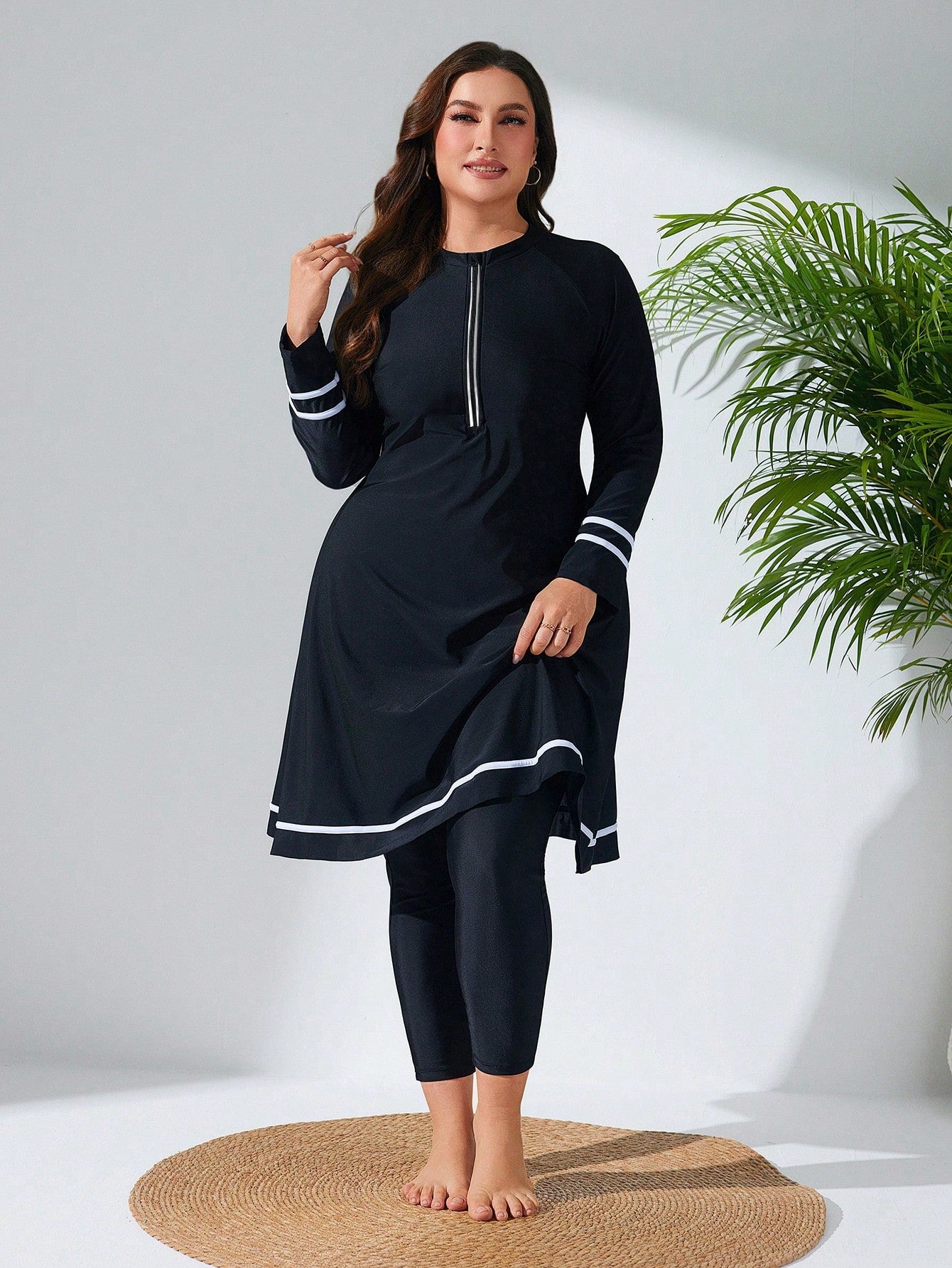 Swim Mulvari Plus Size Women 2pcs Solid Color Contrast Trim Long Sleeve Slim Fit Mid-Length Zip Front Burkini Set Summer Arabic Clothing