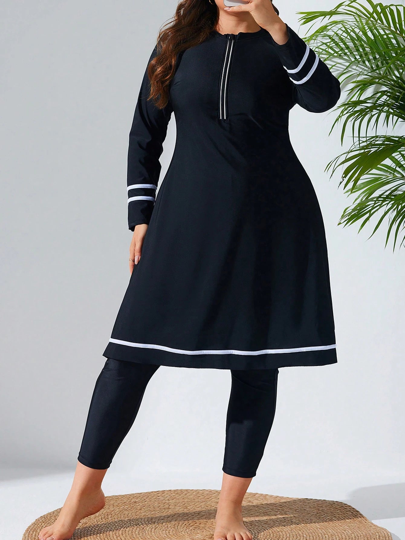 Swim Mulvari Plus Size Women 2pcs Solid Color Contrast Trim Long Sleeve Slim Fit Mid-Length Zip Front Burkini Set Summer Arabic Clothing