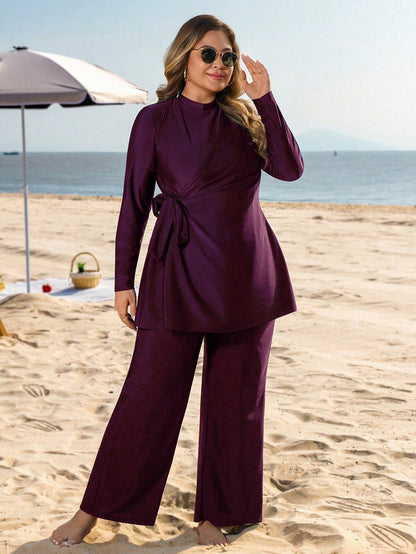 Swim Mulvari Plus Size Women 2pcs Solid Color Side Tie Slimming Tummy Control Loose Long Pants Conservative Sun Protection Vacation Burkini Swimsuit Set