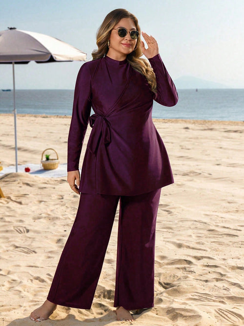 Swim Mulvari Plus Size Women 2pcs Solid Color Side Tie Slimming Tummy Control Loose Long Pants Conservative Sun Protection Vacation Burkini Swimsuit Set