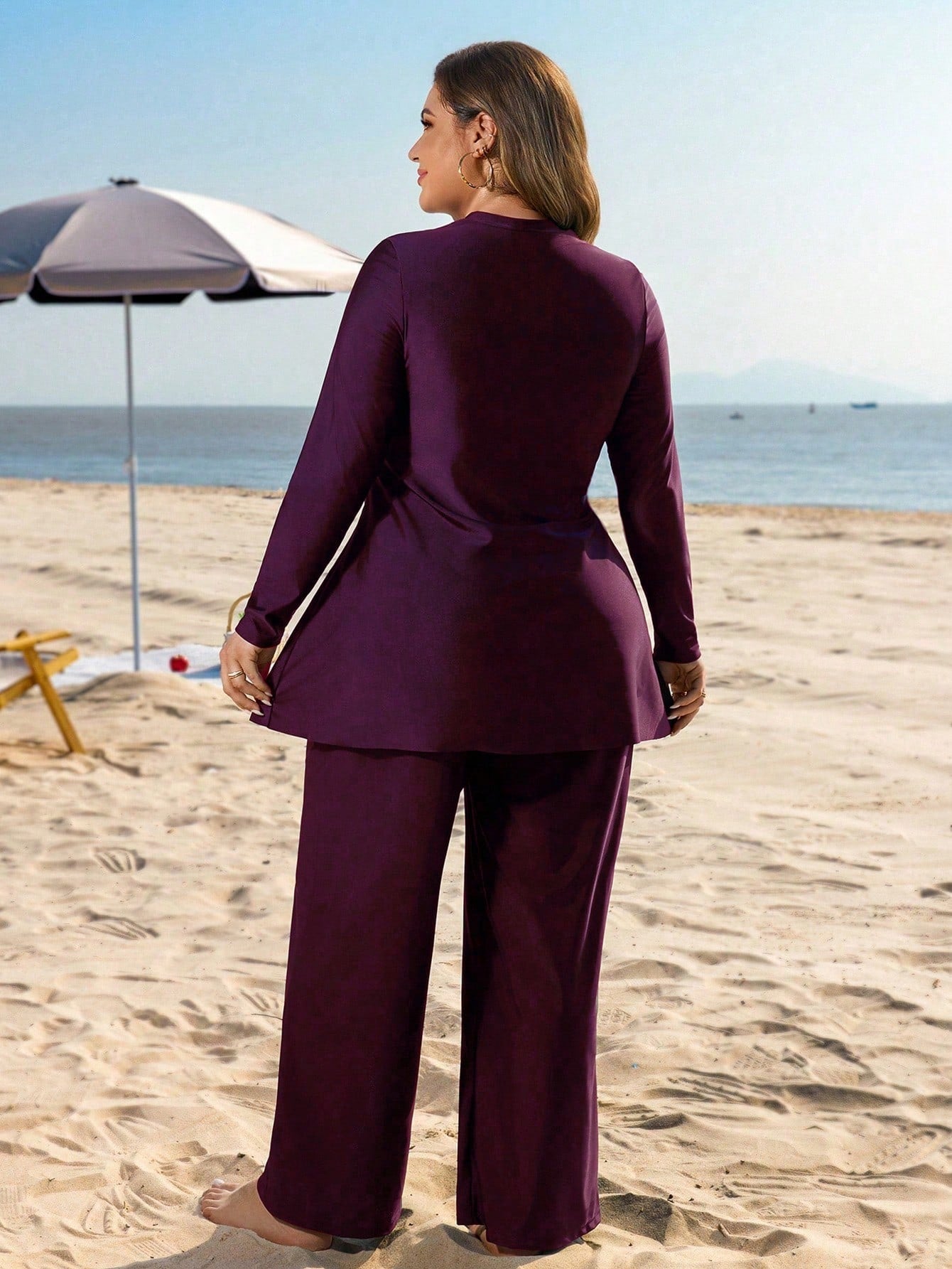 Swim Mulvari Plus Size Women 2pcs Solid Color Side Tie Slimming Tummy Control Loose Long Pants Conservative Sun Protection Vacation Burkini Swimsuit Set