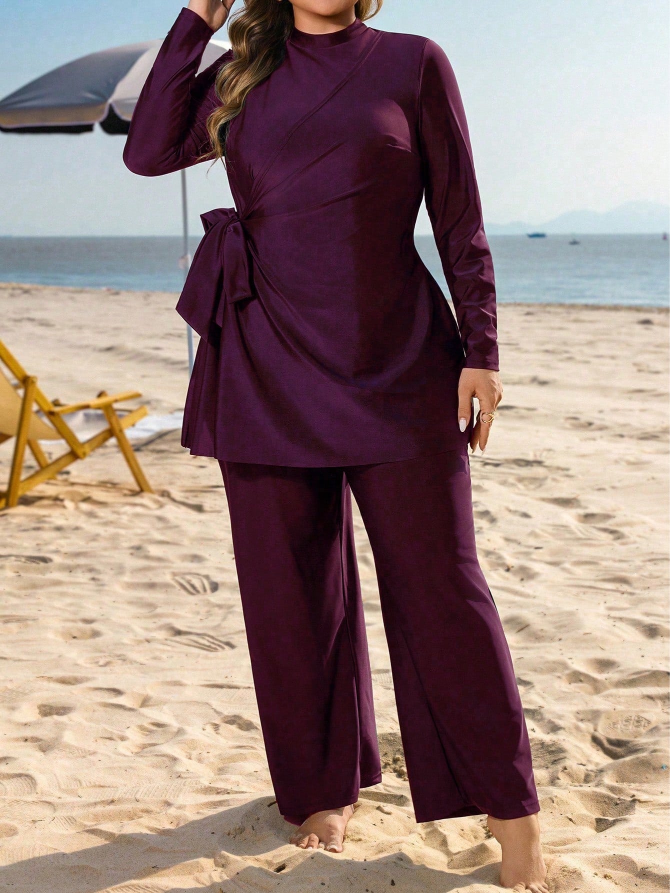 Swim Mulvari Plus Size Women 2pcs Solid Color Side Tie Slimming Tummy Control Loose Long Pants Conservative Sun Protection Vacation Burkini Swimsuit Set