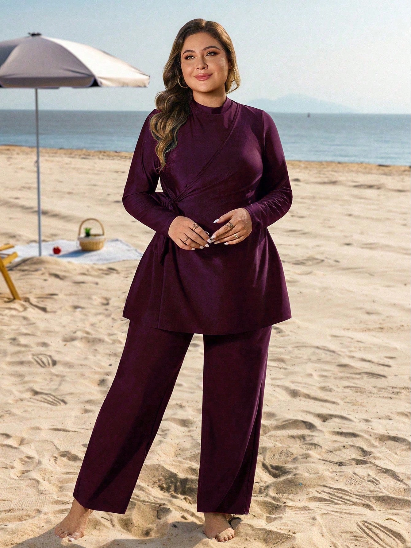 Swim Mulvari Plus Size Women 2pcs Solid Color Side Tie Slimming Tummy Control Loose Long Pants Conservative Sun Protection Vacation Burkini Swimsuit Set