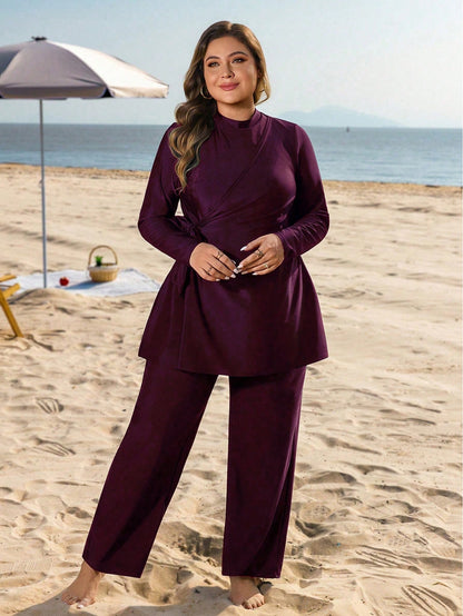 Swim Mulvari Plus Size Women 2pcs Solid Color Side Tie Slimming Tummy Control Loose Long Pants Conservative Sun Protection Vacation Burkini Swimsuit Set
