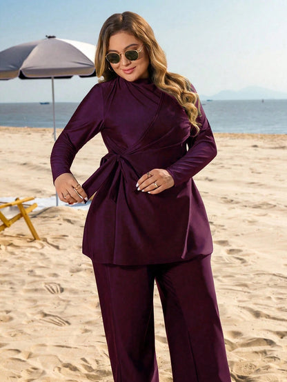 Swim Mulvari Plus Size Women 2pcs Solid Color Side Tie Slimming Tummy Control Loose Long Pants Conservative Sun Protection Vacation Burkini Swimsuit Set