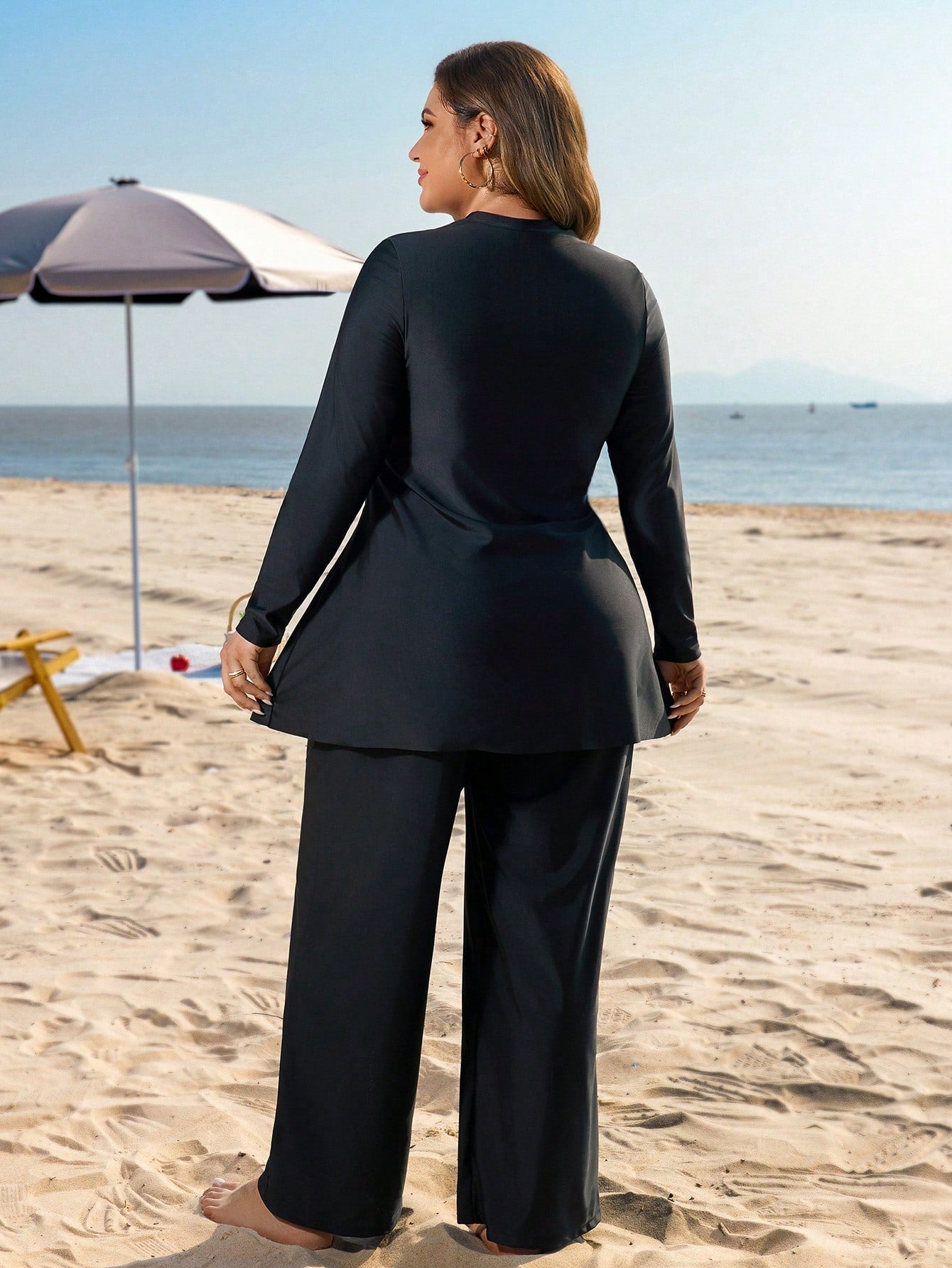 Swim Mulvari Plus Size Women 2pcs Solid Color Side Tie Slimming Tummy Control Loose Long Pants Conservative Sun Protection Vacation Burkini Swimsuit Set