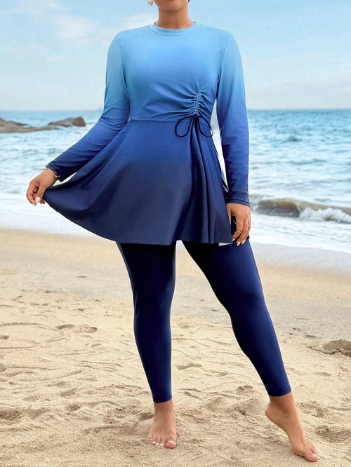 Swim Mulvari Plus Size Women Ombre Ruched Long Sleeve Top And Pants Burkini Two-Piece Swimwear Set, Suitable For Beach Holiday