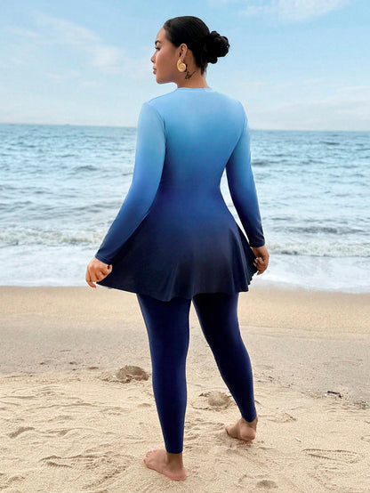 Swim Mulvari Plus Size Women Ombre Ruched Long Sleeve Top And Pants Burkini Two-Piece Swimwear Set, Suitable For Beach Holiday