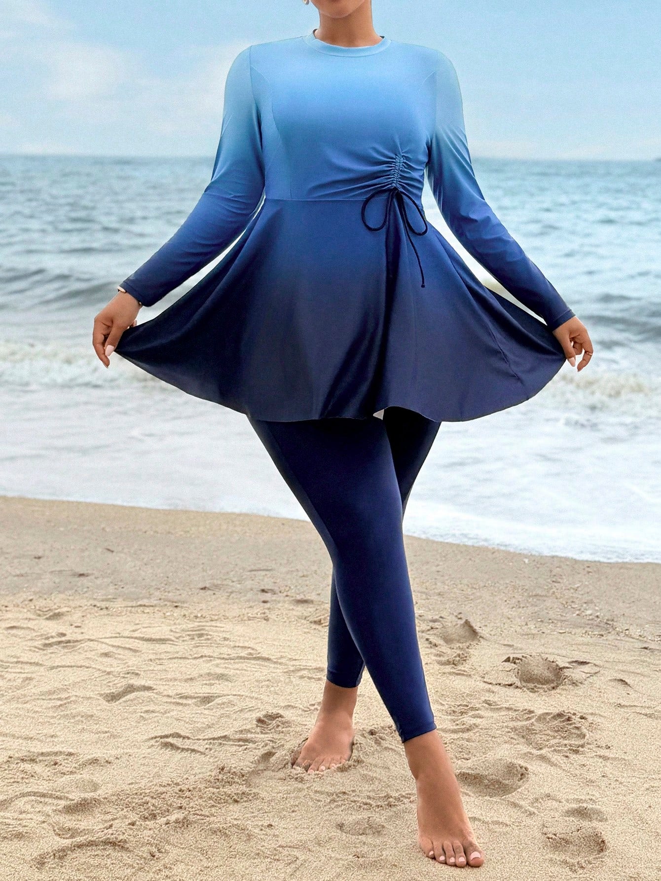 Swim Mulvari Plus Size Women Ombre Ruched Long Sleeve Top And Pants Burkini Two-Piece Swimwear Set, Suitable For Beach Holiday