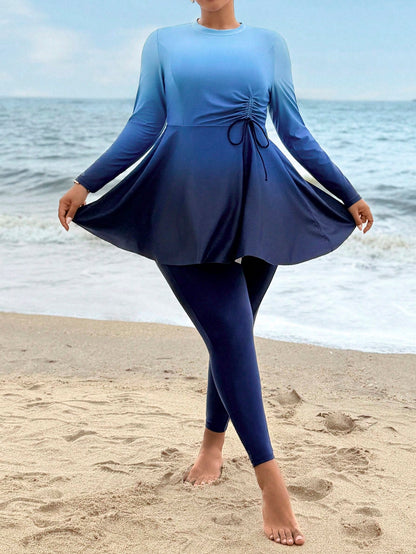 Swim Mulvari Plus Size Women Ombre Ruched Long Sleeve Top And Pants Burkini Two-Piece Swimwear Set, Suitable For Beach Holiday