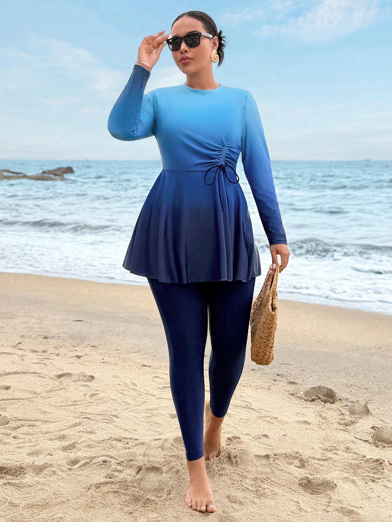 Swim Mulvari Plus Size Women Ombre Ruched Long Sleeve Top And Pants Burkini Two-Piece Swimwear Set, Suitable For Beach Holiday