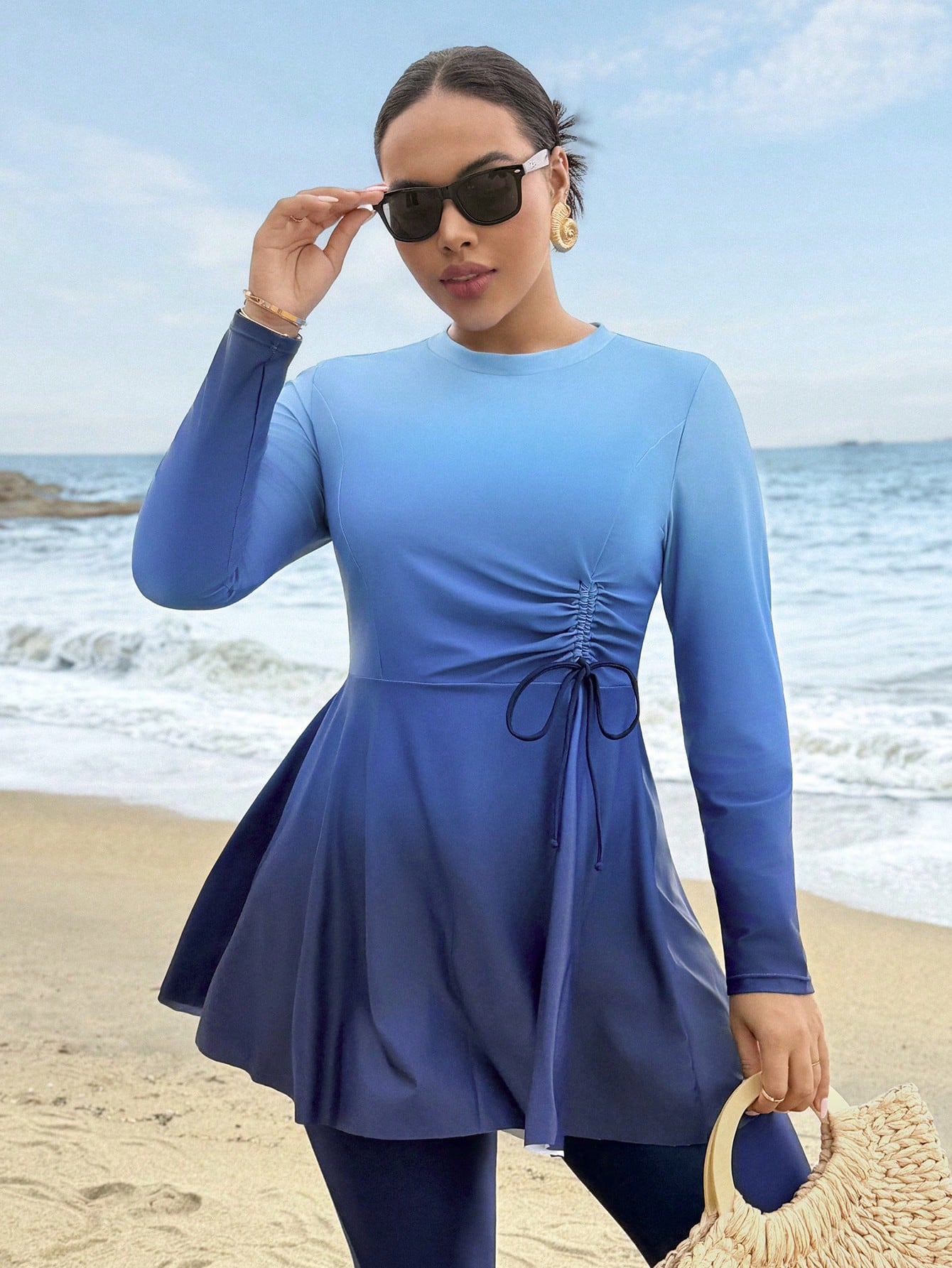 Swim Mulvari Plus Size Women Ombre Ruched Long Sleeve Top And Pants Burkini Two-Piece Swimwear Set, Suitable For Beach Holiday