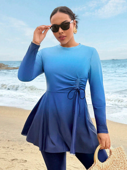 Swim Mulvari Plus Size Women Ombre Ruched Long Sleeve Top And Pants Burkini Two-Piece Swimwear Set, Suitable For Beach Holiday