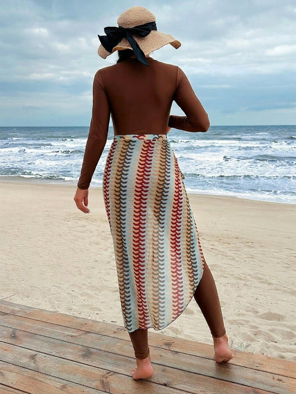 Swim Mulvari Women's 2 Pieces Burkini Set One-Piece Swimsuit + Drawstring Skirt Tropical Floral Print Mature Vacation Full Coverage Spring Summer