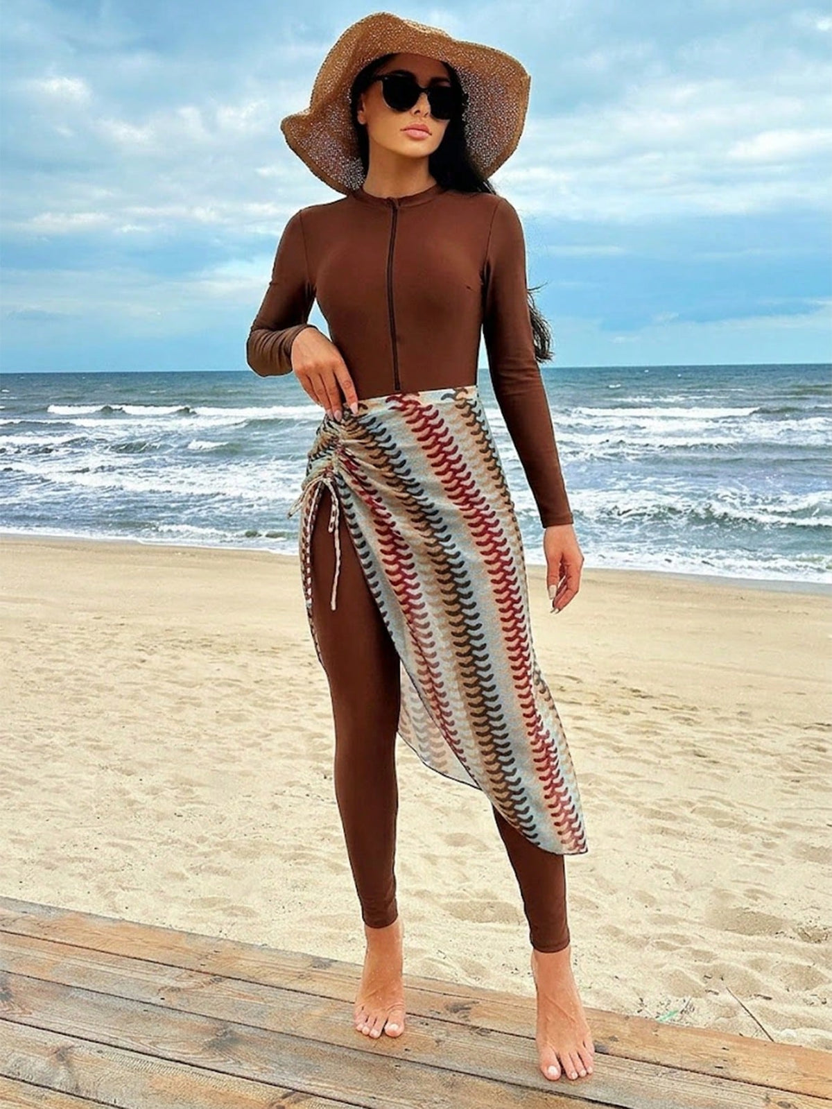 Swim Mulvari Women's 2 Pieces Burkini Set One-Piece Swimsuit + Drawstring Skirt Tropical Floral Print Mature Vacation Full Coverage Spring Summer