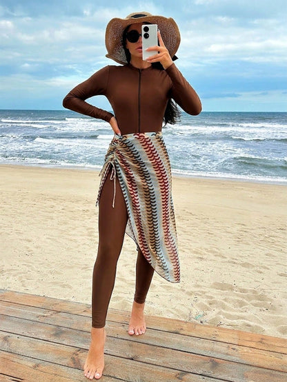 Swim Mulvari Women's 2 Pieces Burkini Set One-Piece Swimsuit + Drawstring Skirt Tropical Floral Print Mature Vacation Full Coverage Spring Summer