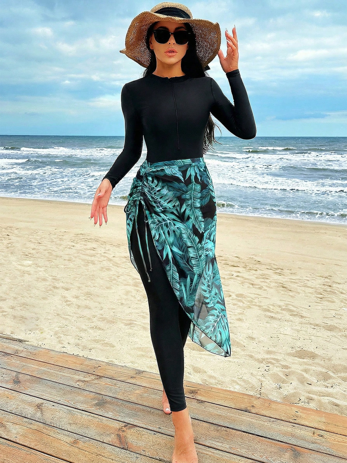 Swim Mulvari Women's 2 Pieces Burkini Set One-Piece Swimsuit + Drawstring Skirt Tropical Floral Print Mature Vacation Full Coverage Spring Summer