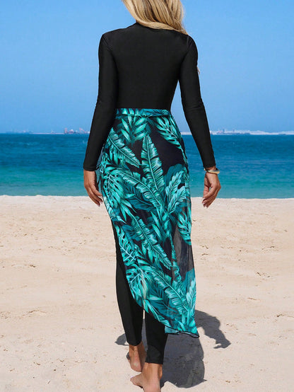 Swim Mulvari Women's 2 Pieces Burkini Set One-Piece Swimsuit + Drawstring Skirt Tropical Floral Print Mature Vacation Full Coverage Spring Summer