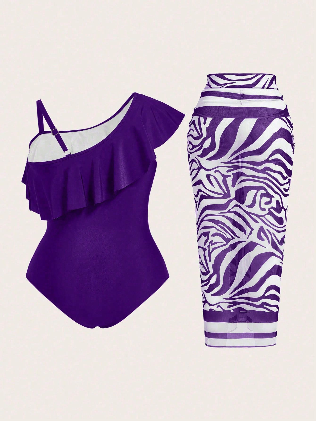 Swim Oasis 2025 Plus Size Women Solid Color Asymmetrical Ruffled One-Piece Swimsuit With Zebra Print Wrap And Skirt Set For Summer Beach Vacation