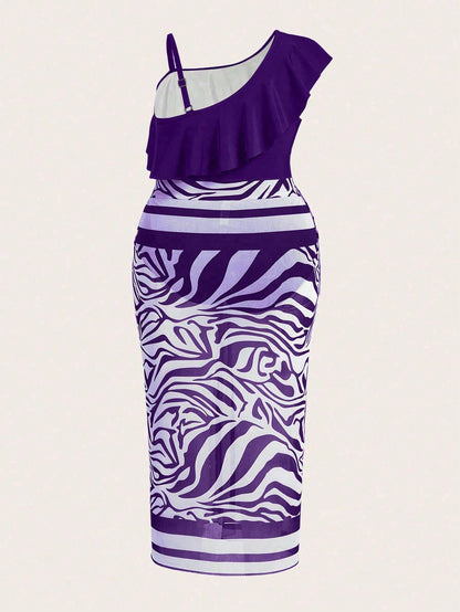 Swim Oasis 2025 Plus Size Women Solid Color Asymmetrical Ruffled One-Piece Swimsuit With Zebra Print Wrap And Skirt Set For Summer Beach Vacation