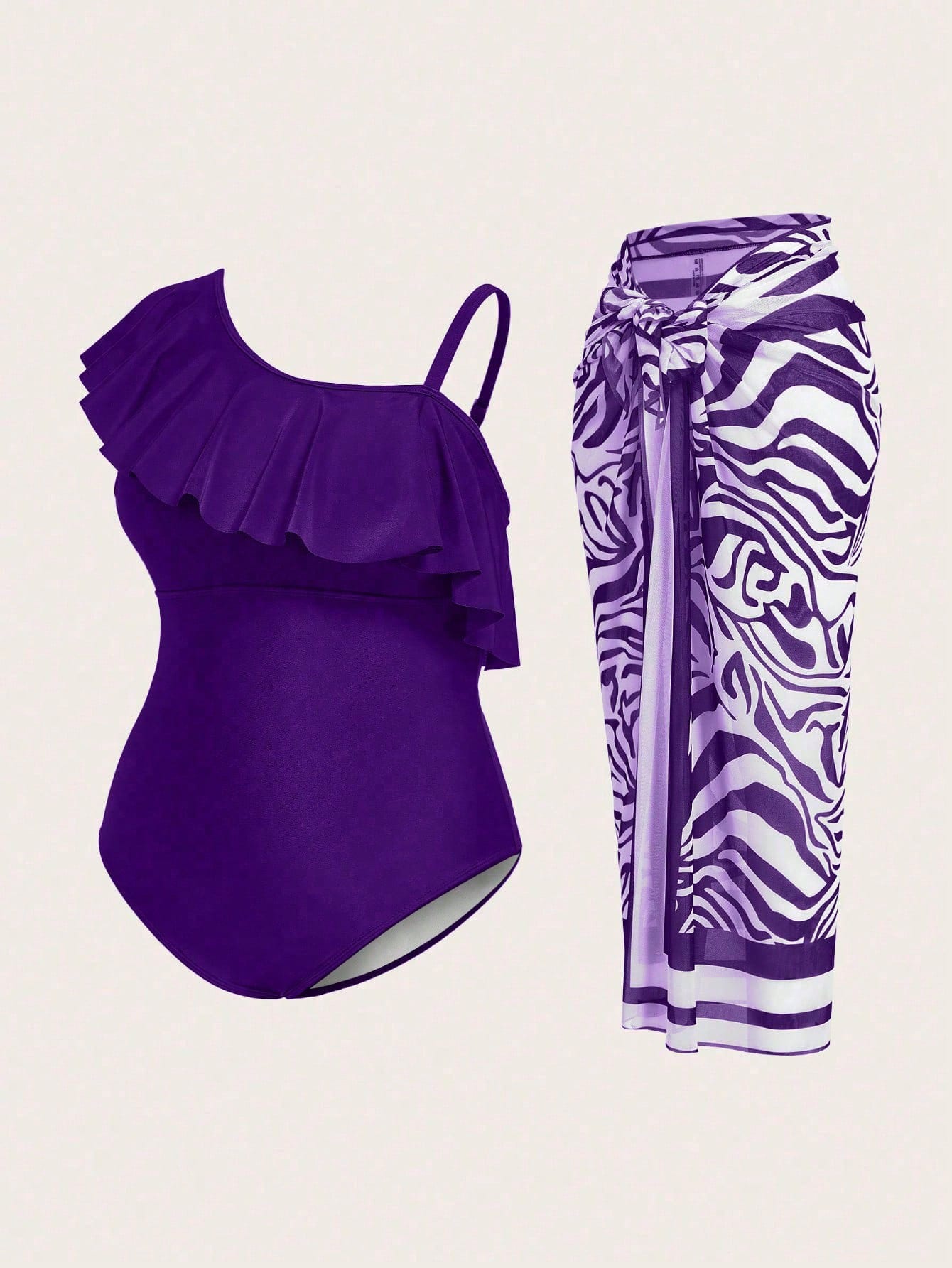 Swim Oasis 2025 Plus Size Women Solid Color Asymmetrical Ruffled One-Piece Swimsuit With Zebra Print Wrap And Skirt Set For Summer Beach Vacation