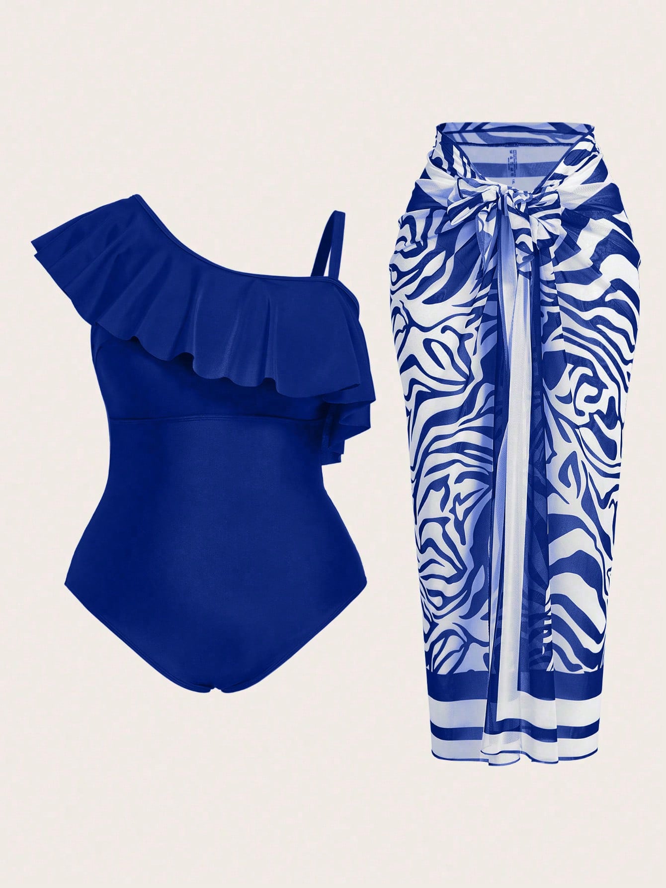 Swim Oasis 2025 Plus Size Women Solid Color Asymmetrical Ruffled One-Piece Swimsuit With Zebra Print Wrap And Skirt Set For Summer Beach Vacation