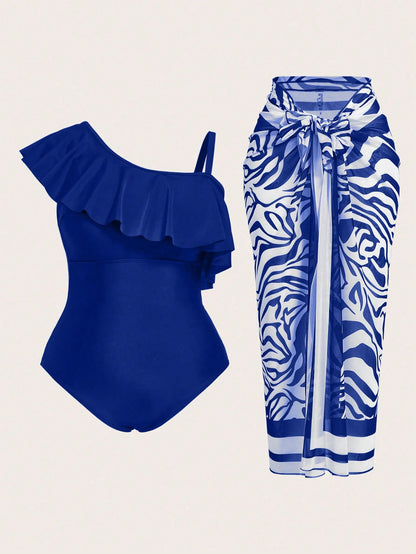 Swim Oasis 2025 Plus Size Women Solid Color Asymmetrical Ruffled One-Piece Swimsuit With Zebra Print Wrap And Skirt Set For Summer Beach Vacation