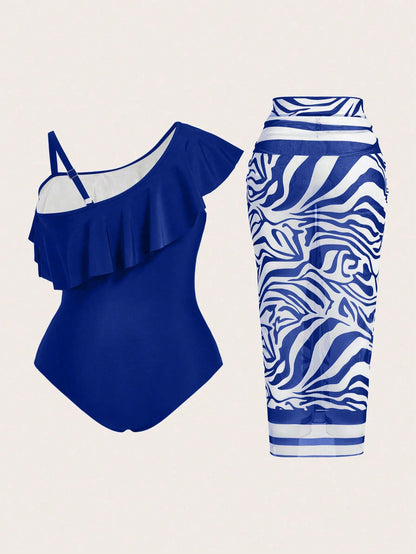 Swim Oasis 2025 Plus Size Women Solid Color Asymmetrical Ruffled One-Piece Swimsuit With Zebra Print Wrap And Skirt Set For Summer Beach Vacation