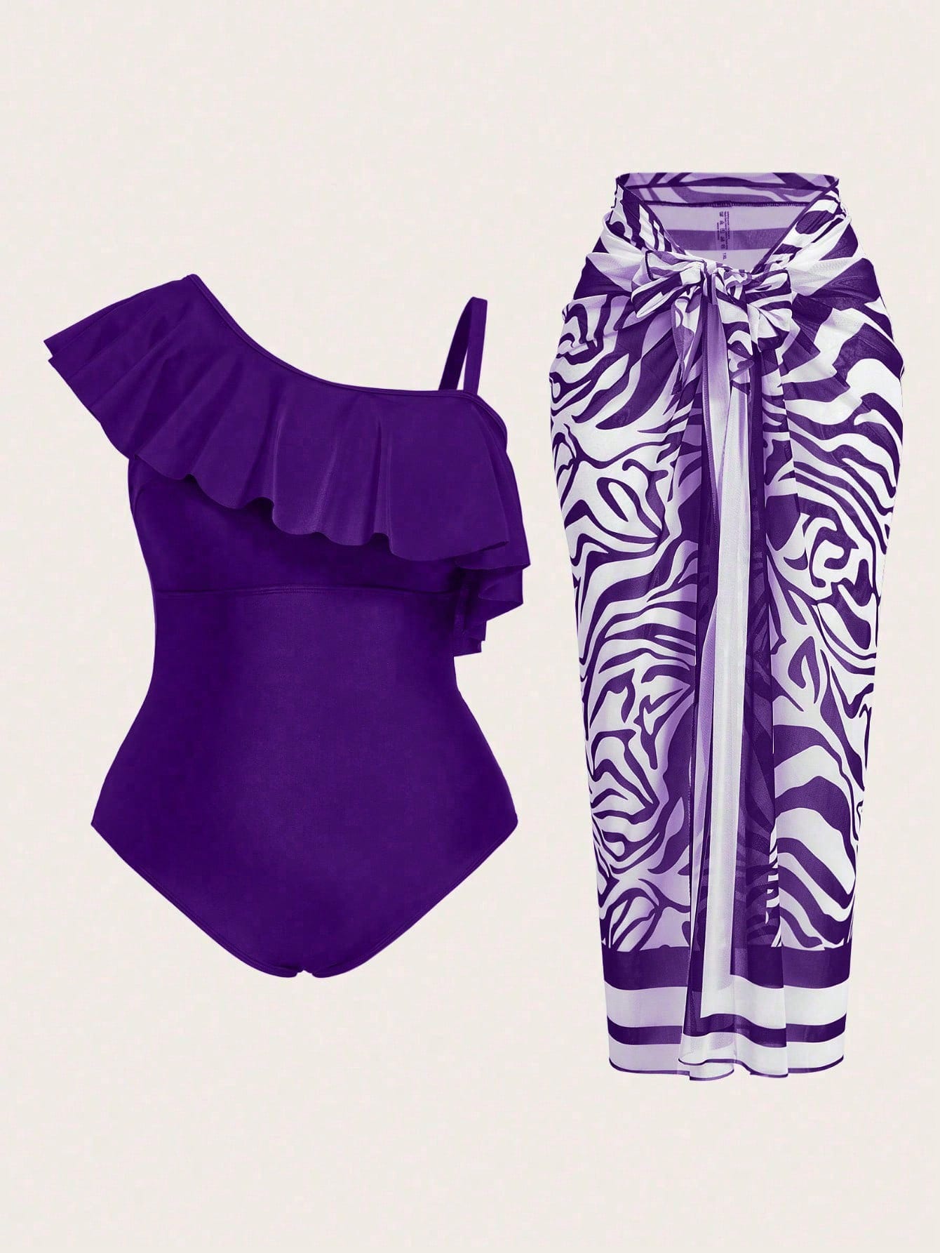 Swim Oasis 2025 Plus Size Women Solid Color Asymmetrical Ruffled One-Piece Swimsuit With Zebra Print Wrap And Skirt Set For Summer Beach Vacation
