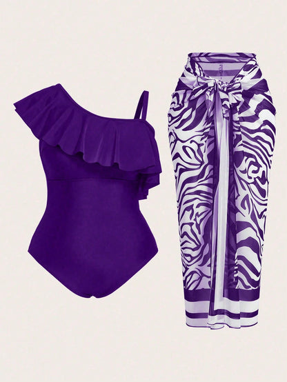 Swim Oasis 2025 Plus Size Women Solid Color Asymmetrical Ruffled One-Piece Swimsuit With Zebra Print Wrap And Skirt Set For Summer Beach Vacation