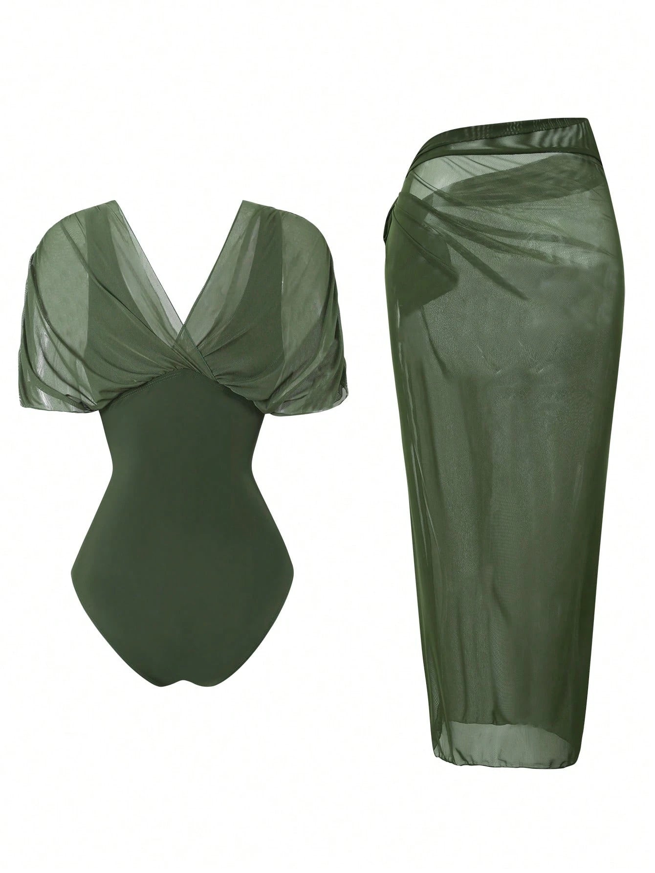 Swim Oasis 2026 New Spring/Summer Women 2pcs Solid Color One Piece Swimsuit With Mesh Maxi Skirt, Beach Resort Casual Swimwear Set