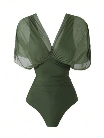 Swim Oasis 2026 New Spring/Summer Women 2pcs Solid Color One Piece Swimsuit With Mesh Maxi Skirt, Beach Resort Casual Swimwear Set
