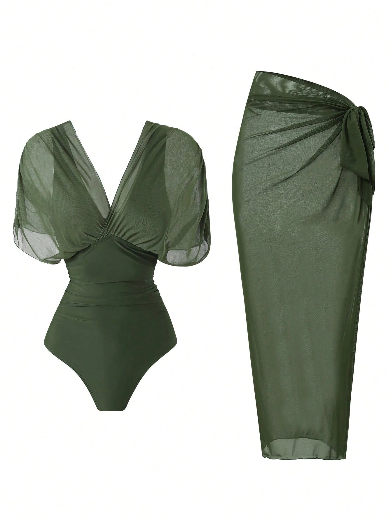 Swim Oasis 2026 New Spring/Summer Women 2pcs Solid Color One Piece Swimsuit With Mesh Maxi Skirt, Beach Resort Casual Swimwear Set