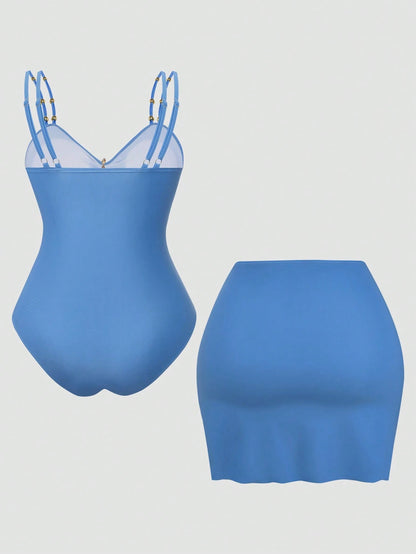Swim Oasis 2026 New Summer Beach Vacation Women's Elegant Plus Size One-Piece Swimsuit, Women's Elegant Swimsuit Two Pieces Set, Beaded Elegant Decor Double Shoulder Strap Tummy Control Slimming One-P