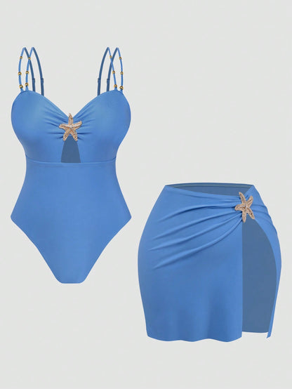 Swim Oasis 2026 New Summer Beach Vacation Women's Elegant Plus Size One-Piece Swimsuit, Women's Elegant Swimsuit Two Pieces Set, Beaded Elegant Decor Double Shoulder Strap Tummy Control Slimming One-P