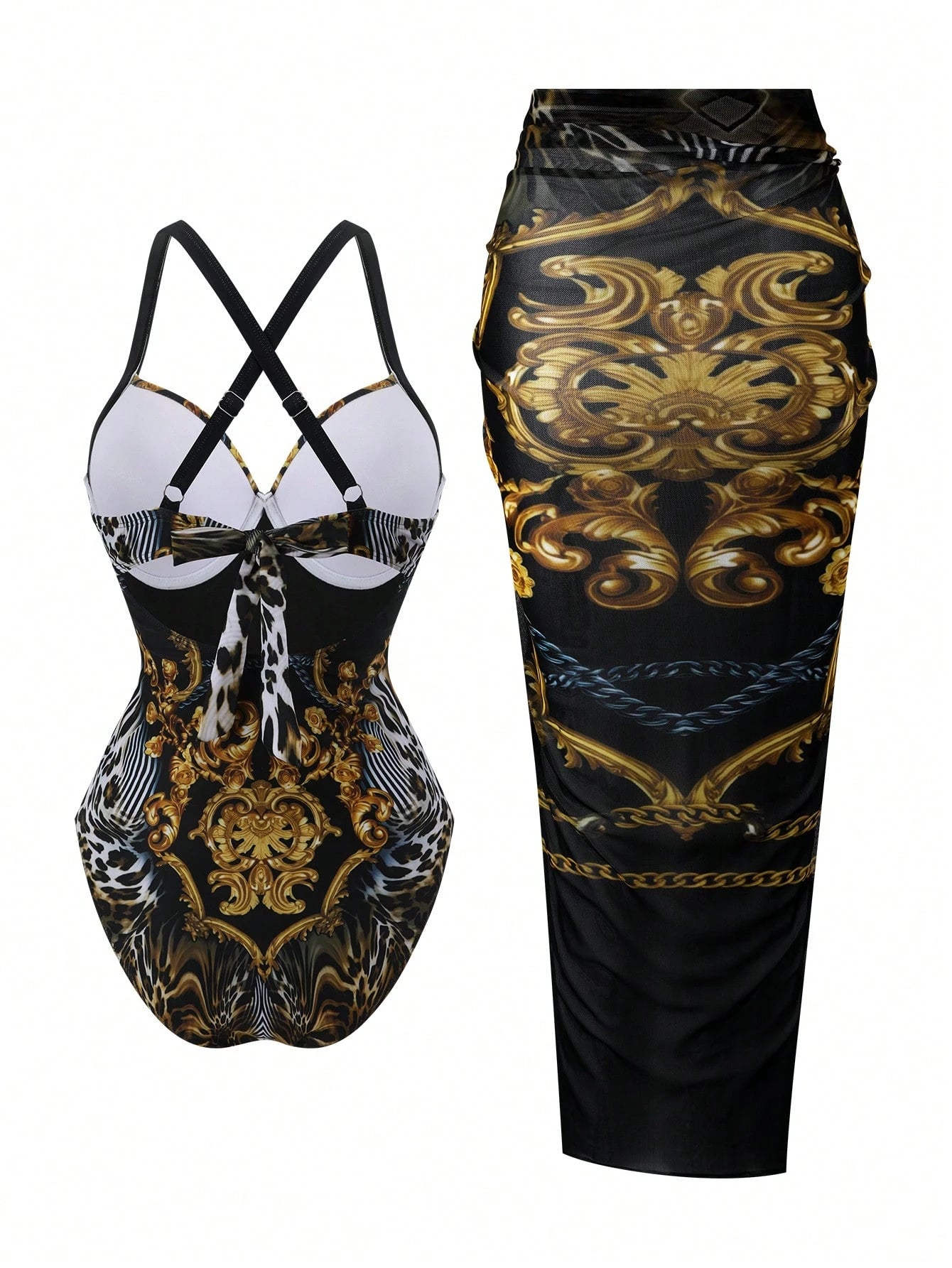Swim Oasis 2026 Spring/Summer New Fashionable And Elegant Vacation Casual Plus Size Printed One-Piece Swimsuit Set With Square Scarf And Short Cover Skirt