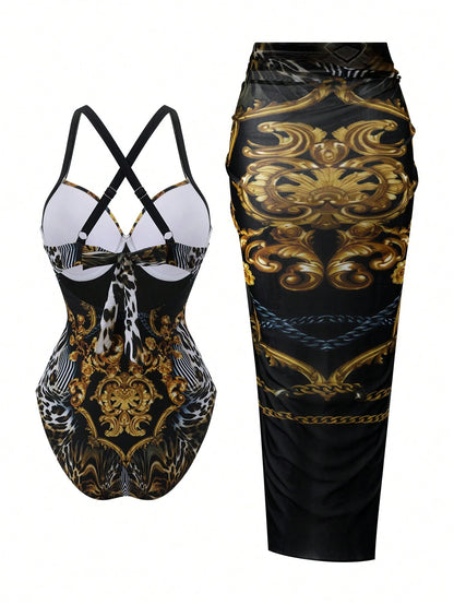 Swim Oasis 2026 Spring/Summer New Fashionable And Elegant Vacation Casual Plus Size Printed One-Piece Swimsuit Set With Square Scarf And Short Cover Skirt