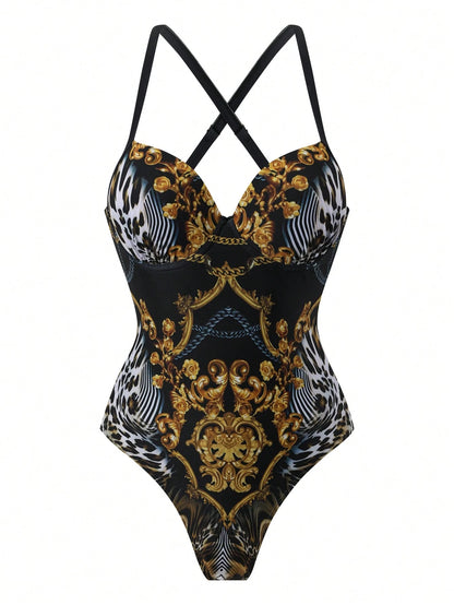 Swim Oasis 2026 Spring/Summer New Fashionable And Elegant Vacation Casual Plus Size Printed One-Piece Swimsuit Set With Square Scarf And Short Cover Skirt