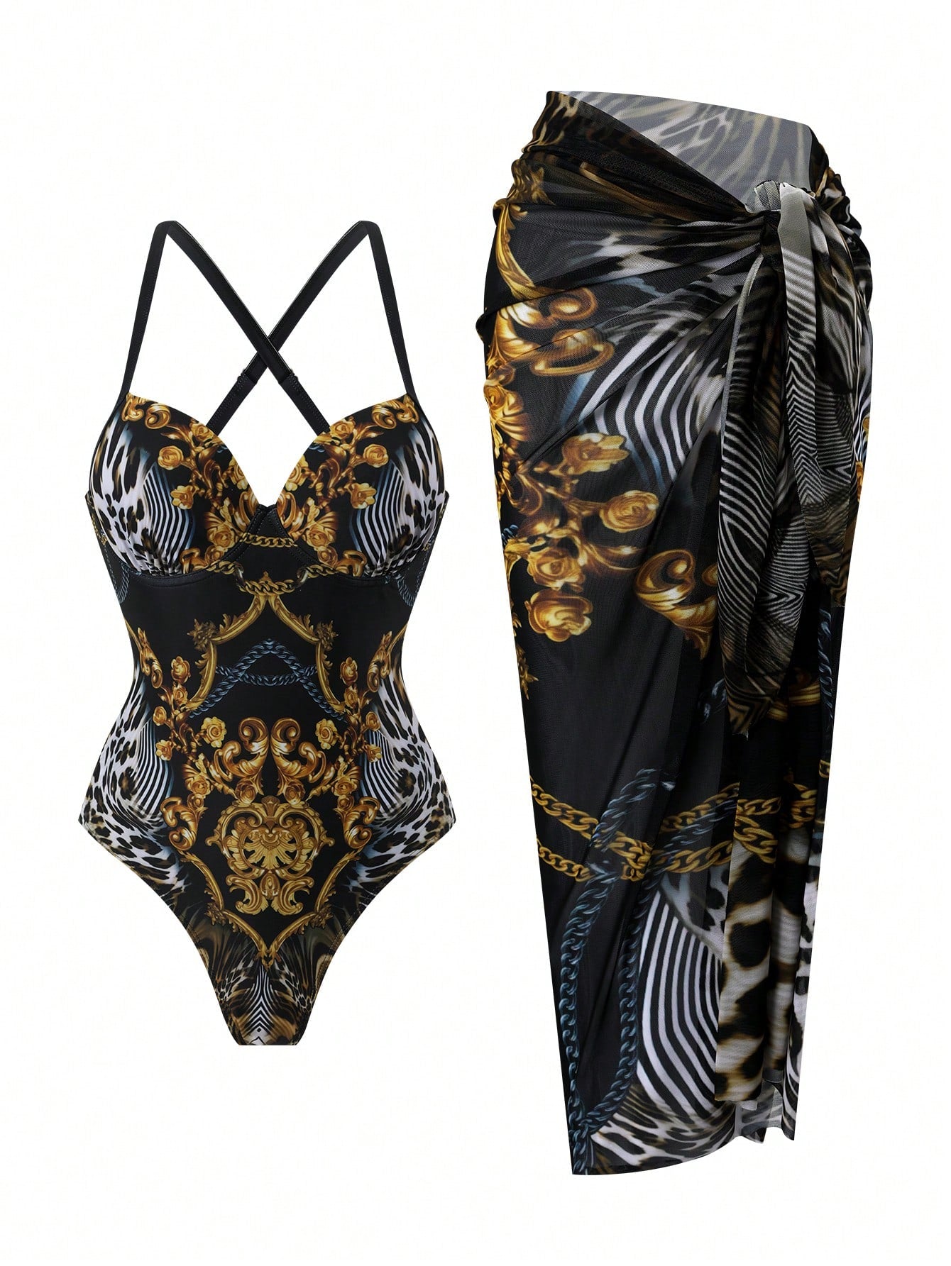 Swim Oasis 2026 Spring/Summer New Fashionable And Elegant Vacation Casual Plus Size Printed One-Piece Swimsuit Set With Square Scarf And Short Cover Skirt